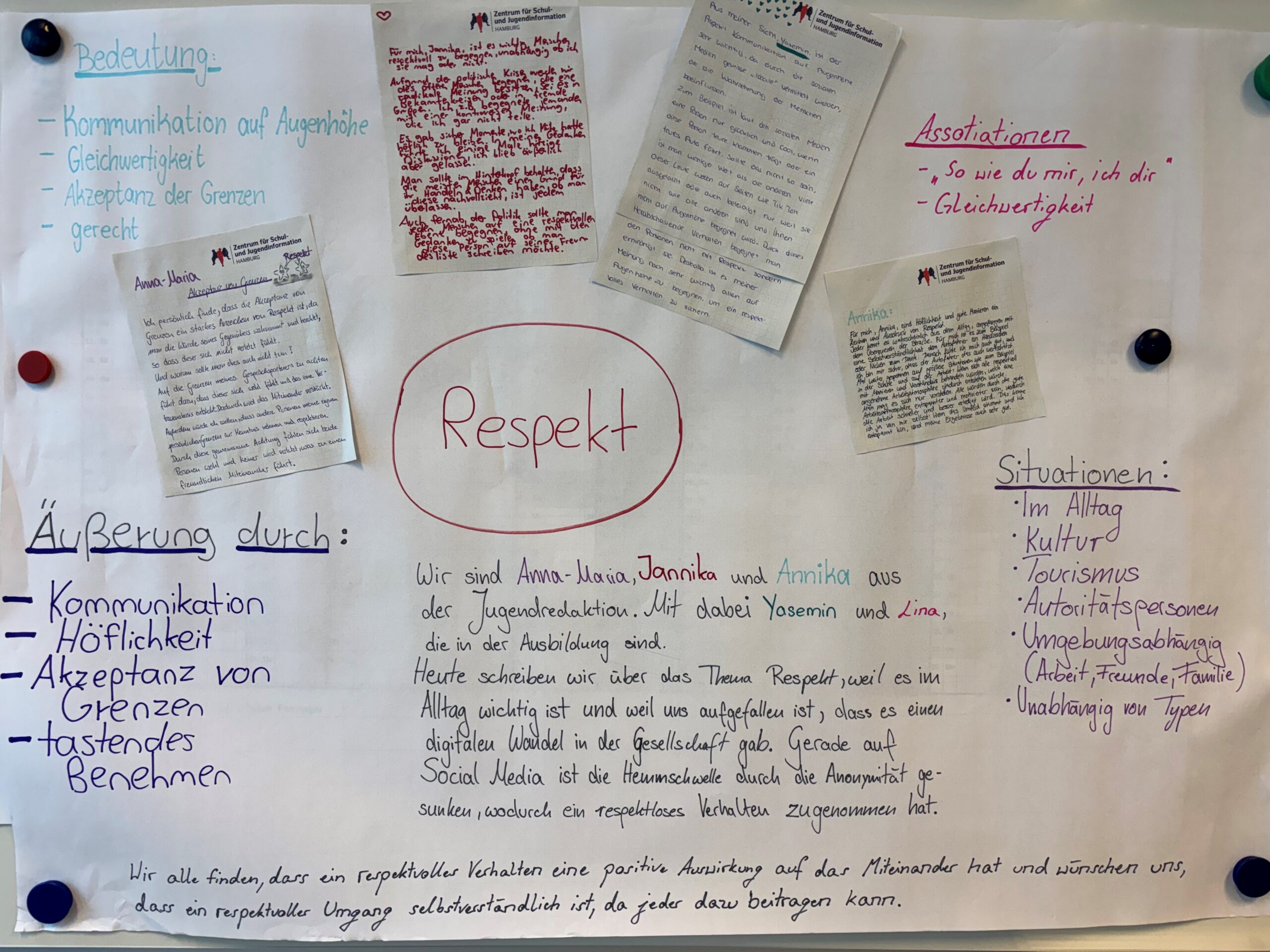 Großes Plakat, in dessen Mitte das Wort „Respekt“ in roter Schrift steht, umgeben von handgeschriebenen Texten und Stichpunkten. Links werden Bedeutung und Ausdruck von Respekt genannt, etwa Kommunikation auf Augenhöhe, Höflichkeit und Akzeptanz von Grenzen. Rechts stehen Assoziationen und Situationen, in denen Respekt wichtig ist, zum Beispiel im Alltag, in der Kultur oder gegenüber Autoritätspersonen. Aufgeklebte Notizzettel mit persönlichen Texten und Namen ergänzen das Plakat.
