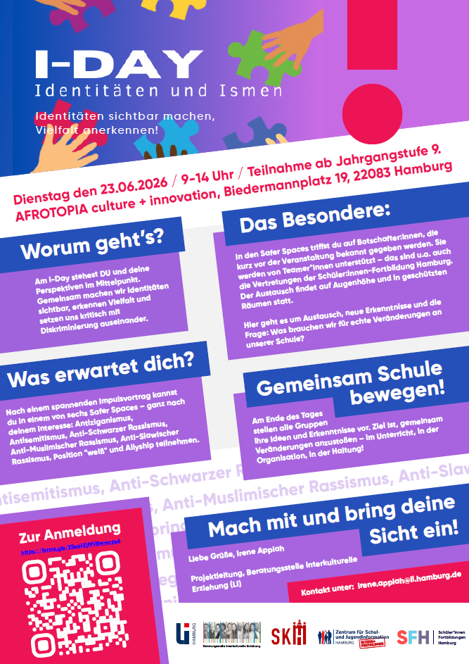 Grafische Gestaltung der hier genannten Veranstaltung. Der Flyer ist in Blau-, Lila- und Rottönen gestaltet.