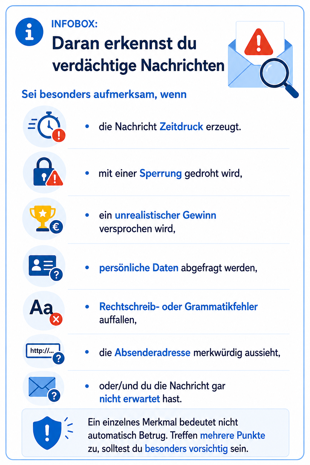 Infografik mit dem Titel „Daran erkennst du verdächtige Nachrichten“. Sie nennt typische Warnzeichen für Phishing- oder Betrugsnachrichten: Sie erzeugen Zeitdruck, drohen mit einer Sperrung, versprechen unrealistische Gewinne, fordern persönliche Daten an, enthalten Rechtschreib- oder Grammatikfehler, verwenden auffällige Absenderadressen oder treffen unerwartet ein. Ein Hinweis am unteren Rand erklärt, dass ein einzelnes Merkmal nicht automatisch auf Betrug hindeutet, mehrere Warnzeichen zusammen jedoch Anlass zu besonderer Vorsicht geben. Oben rechts ergänzt eine Illustration eines Briefumschlags mit Warnsymbol und Lupe die Sicherheitsbotschaft.