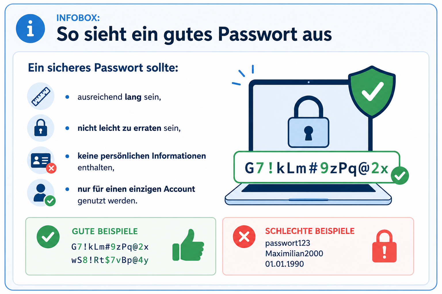 Infografik mit dem Titel „So sieht ein gutes Passwort aus“. Sie erklärt, dass ein sicheres Passwort ausreichend lang, schwer zu erraten, frei von persönlichen Informationen und für jeden Account einzigartig sein sollte. Rechts zeigt eine Illustration eines Laptops mit Schlosssymbol, Schutzschild und einem Beispiel für ein komplexes Passwort. Im unteren Bereich werden starke, zufällig wirkende Passwörter als gute Beispiele und einfache oder personenbezogene Passwörter wie „passwort123“, ein Name mit Jahreszahl oder ein Geburtsdatum als ungeeignete Beispiele gegenübergestellt.